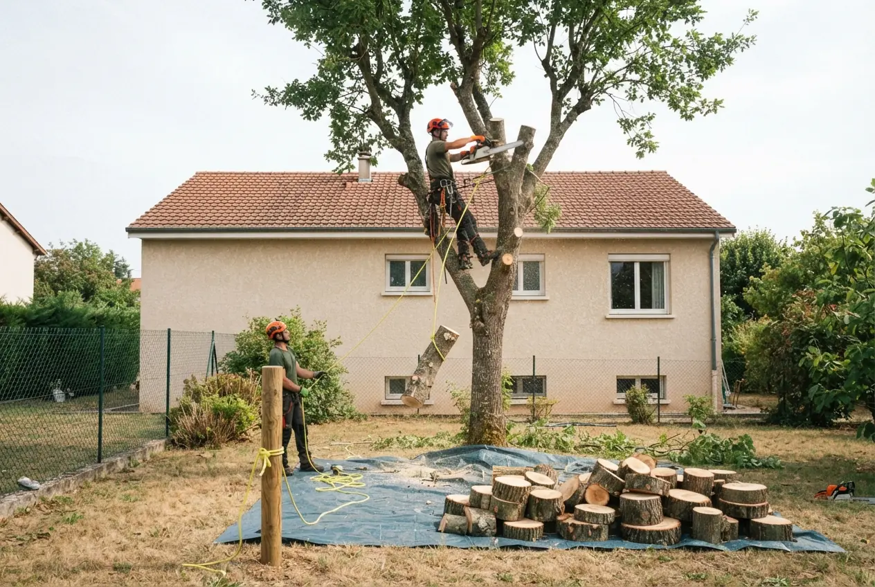 Abattage contrôlé d'un arbre près d'une maison à Valence