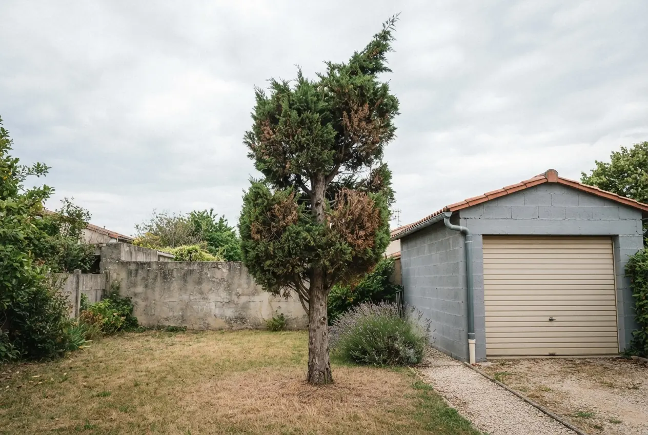 Cyprès incliné près d’un garage à Portes-lès-Valence