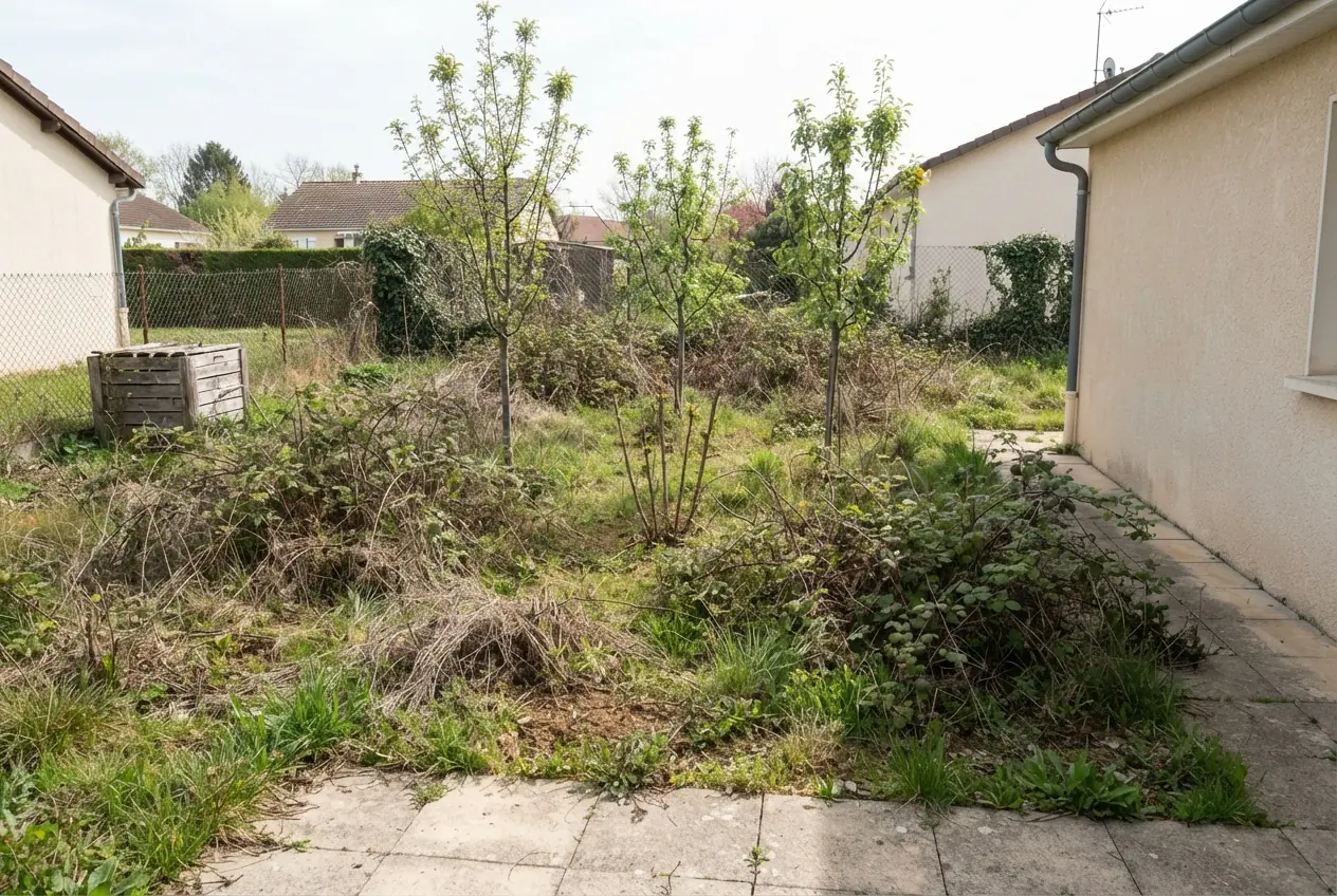 Jardin dense avant intervention de débroussaillage à Malissard