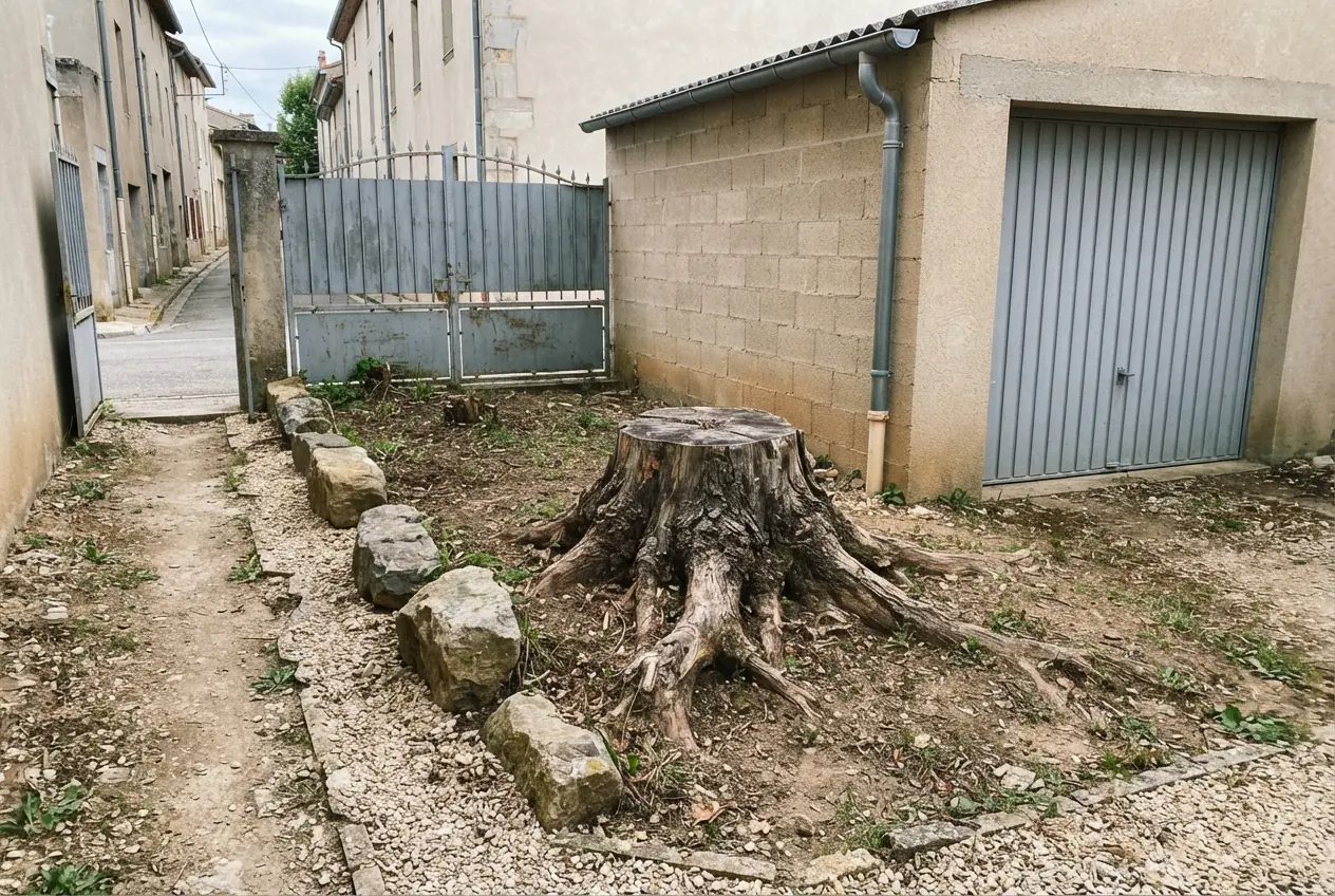 Souche encombrant une cour à Bourg-lès-Valence