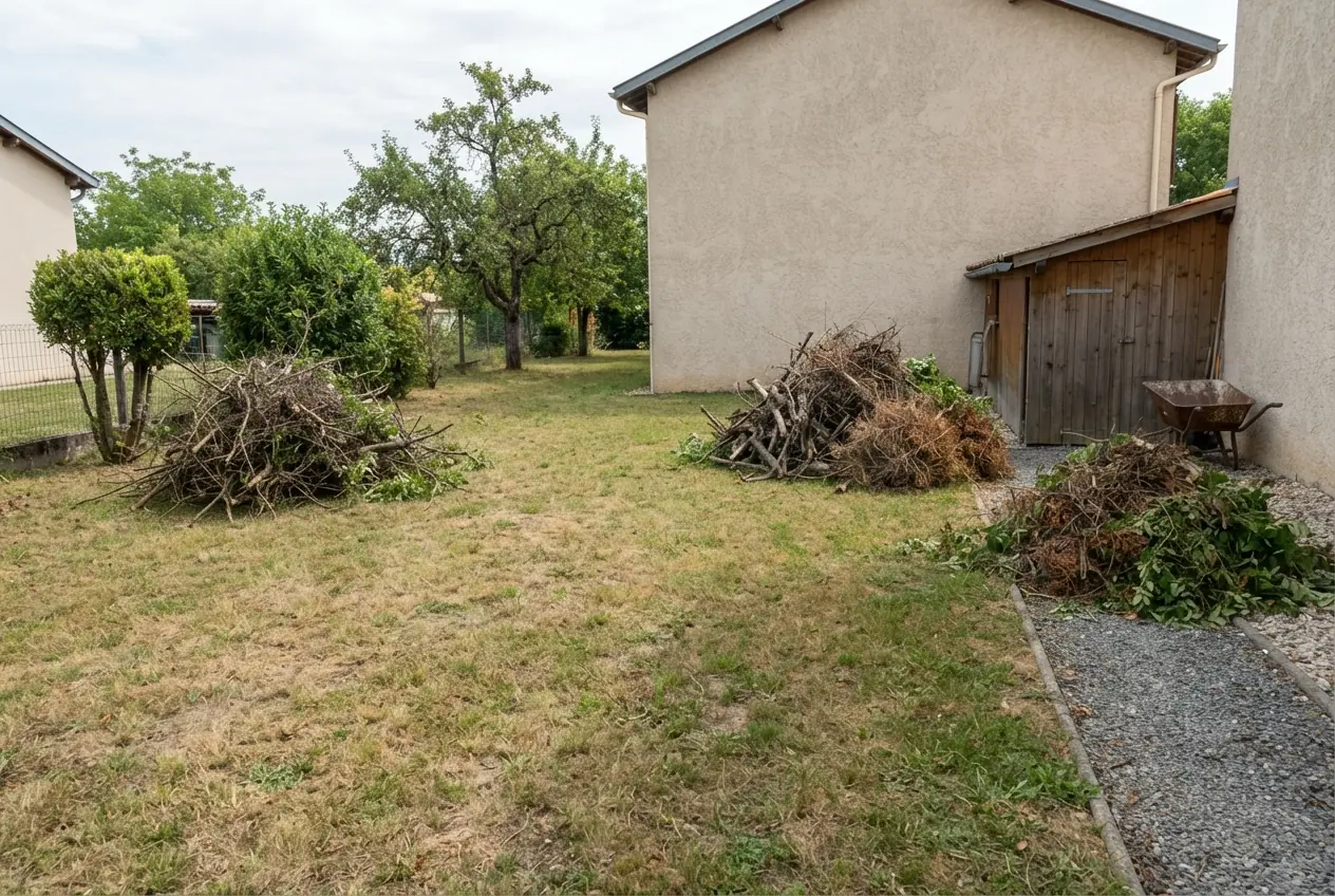 Déchets de taille accumulés dans un jardin de Chabeuil