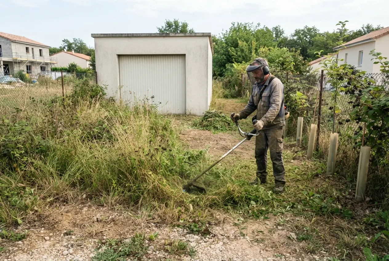 Débroussaillage d'un terrain sec sur les coteaux de Saint-Péray