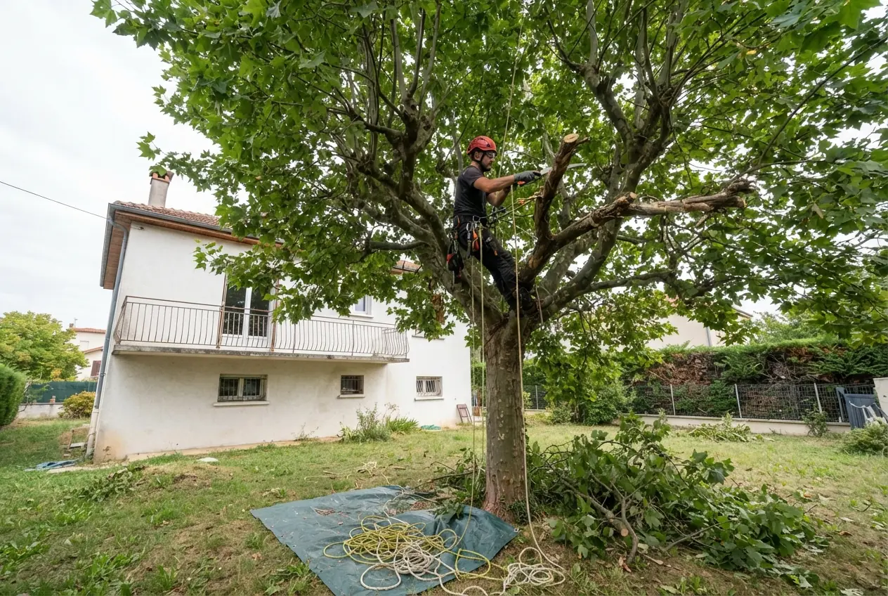 Élagueur taillant un arbre adulte dans un jardin à Valence