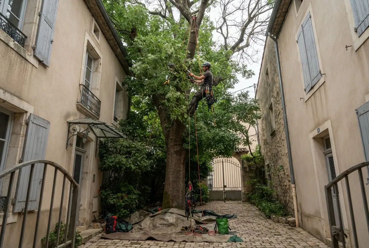 Élagueur grimpeur progressant dans un arbre à Saint-Péray