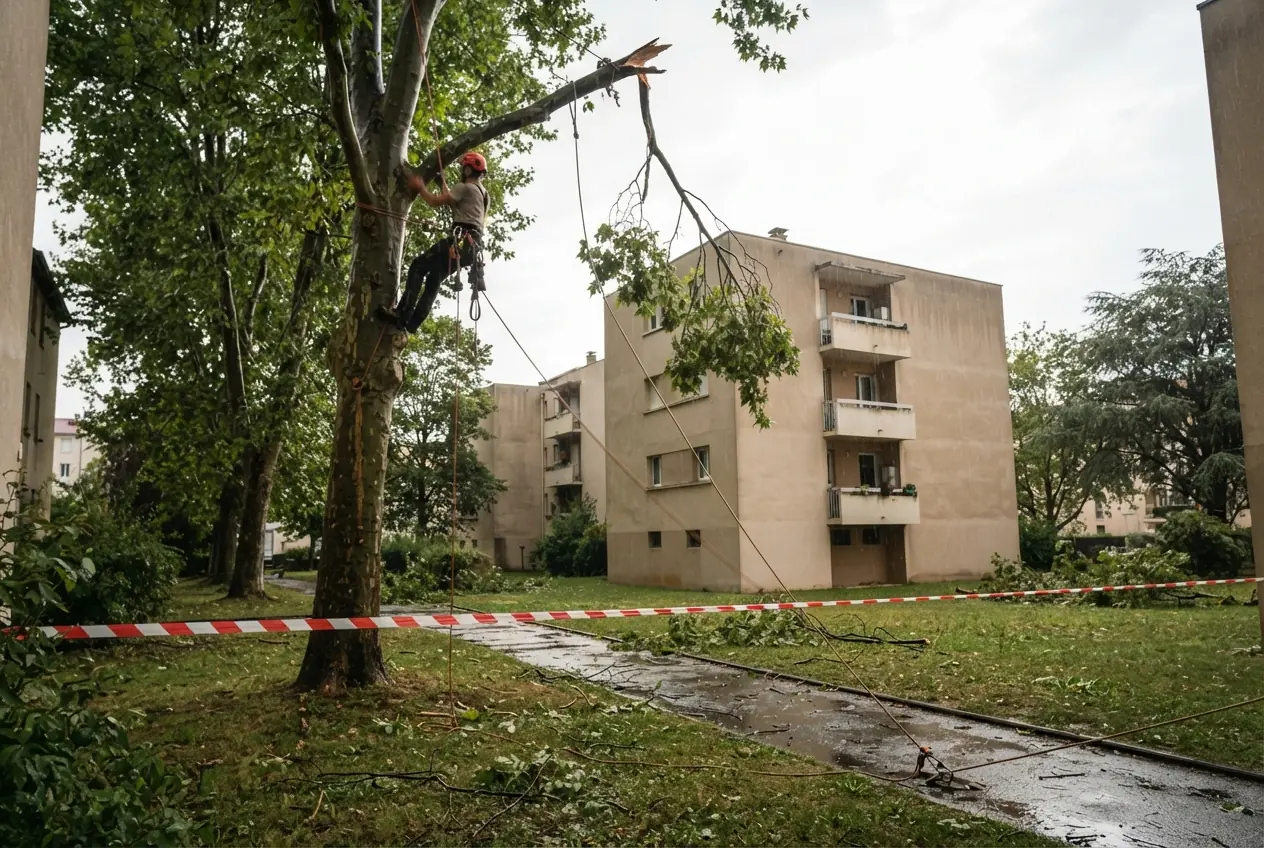 Élagueur sécurisant une branche cassée après tempête à Valence